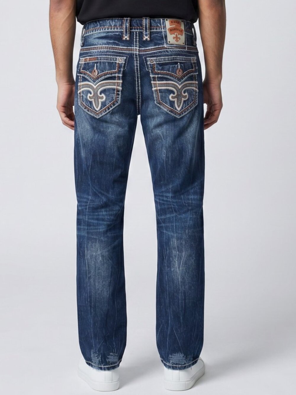 Rock Revival Ecton Straight Leg Jeans Men 33x32 Dark Wash Thick Stitched EUC
